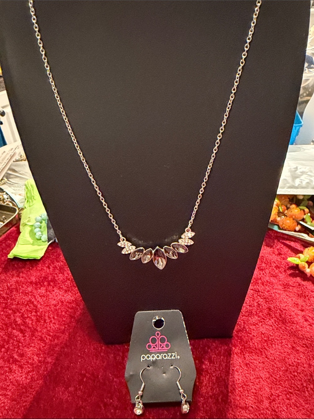 NEW Paparazzi Silver tone charcoal/clear Crystal Marquis Necklace&earrings18”-20